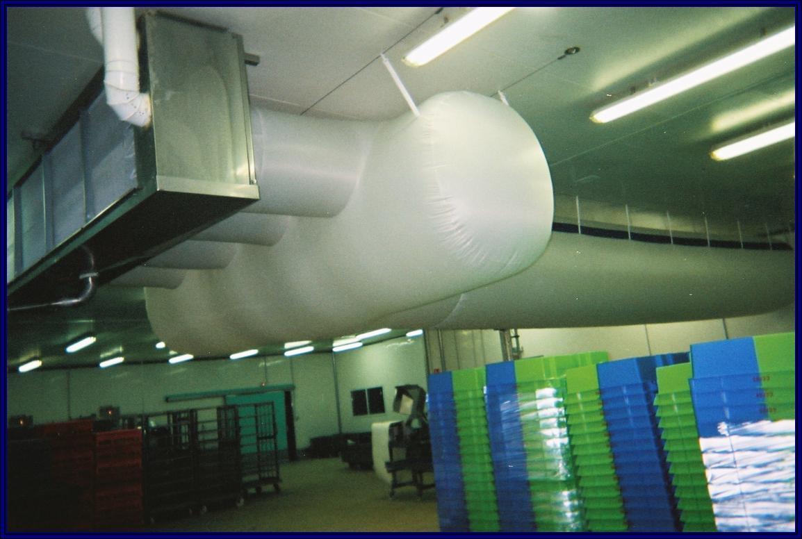 SALAMI PROCESSING ROOM - Bretagne - France. HILW industrial unit cooler with stainless steel casing suitable for textile duct
